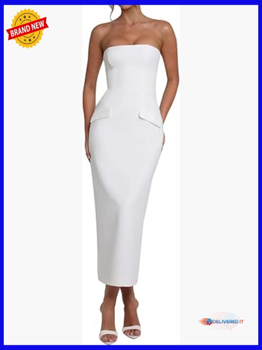Strapless Midi Dress Back Slit Club Party Fitted Polyester Spandex